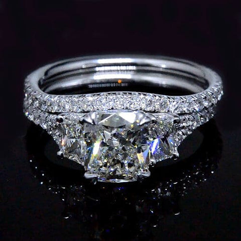 Cushion & Trapezoids 3 Stone Engagement Ring