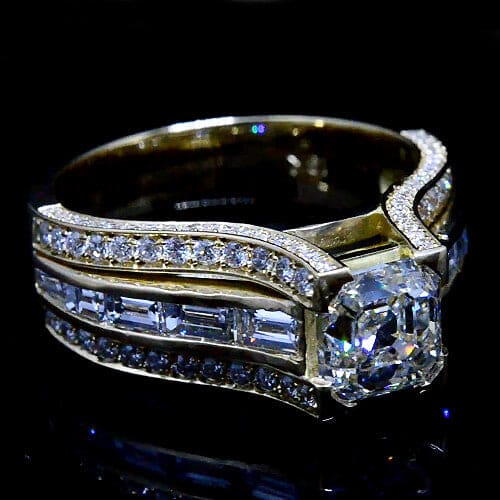 Asscher cut & baguette engagement ring side pave side view