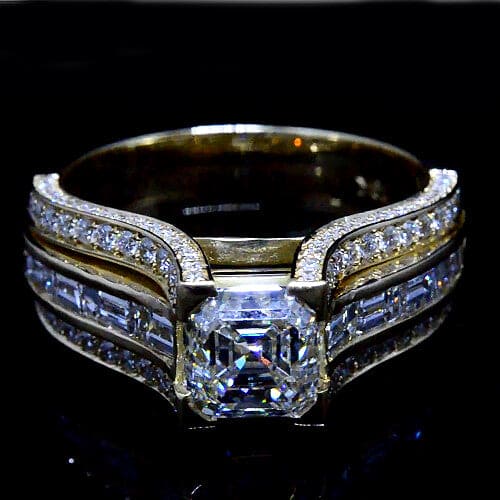 Asscher cut & baguette engagement ring side pave