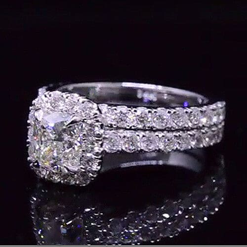 Cushion halo engagement ring set side view