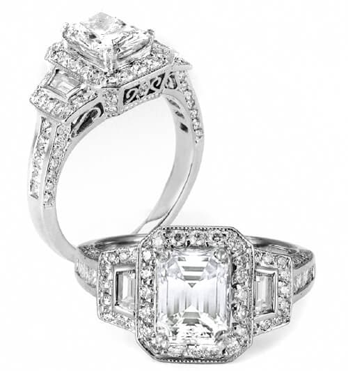 Halo emerald cut princess & trapezoids diamond ring