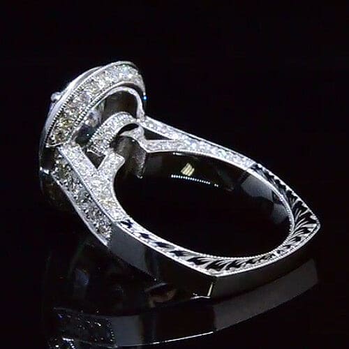 Pear cut double halo hand carved diamond ring profile view