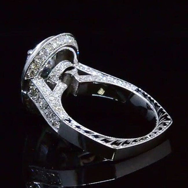 Pear Cut Double Halo Hand Carved Diamond Ring Profile View