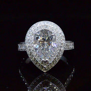 Pear Cut Double Halo Hand Carved Diamond Ring