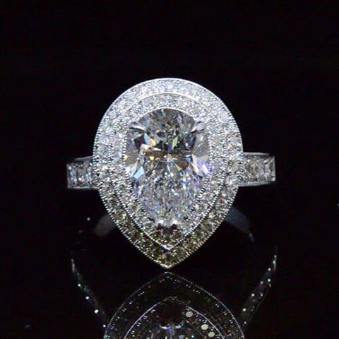 Pear Cut Double Halo Hand Carved Diamond Ring