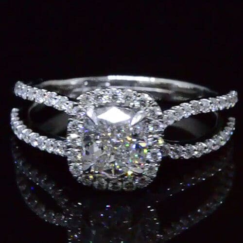 Cushion cut halo round cut pave diamond engagement ring