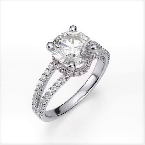 Hidden halo split shank diamond ring
