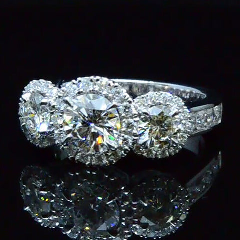 1.75 Ct. Three Stone Round Cut Halo Diamond Engagement Ring
