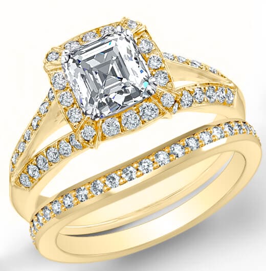 Halo asscher cut split shank engagement ring set yellow