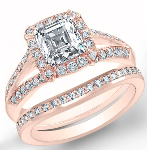 Halo Asscher Cut Split Shank Engagement Ring Set Rose