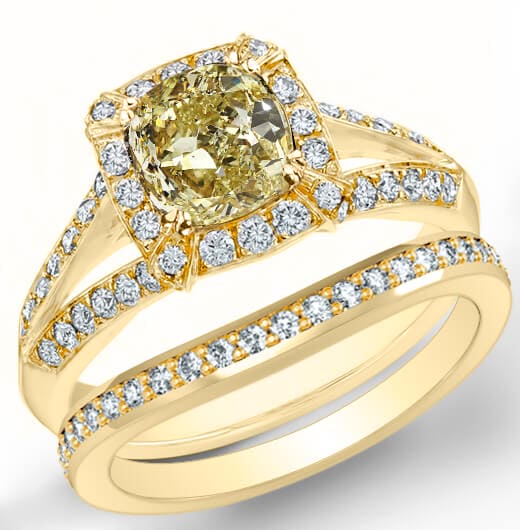 Fancy light yellow cushion halo split shank diamond ring set yellow