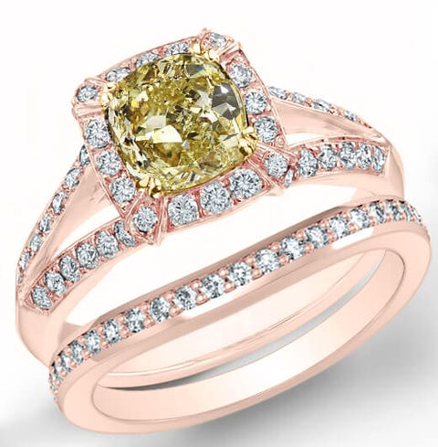 Fancy Light Yellow Cushion Halo Split Shank Diamond Ring Set Rose