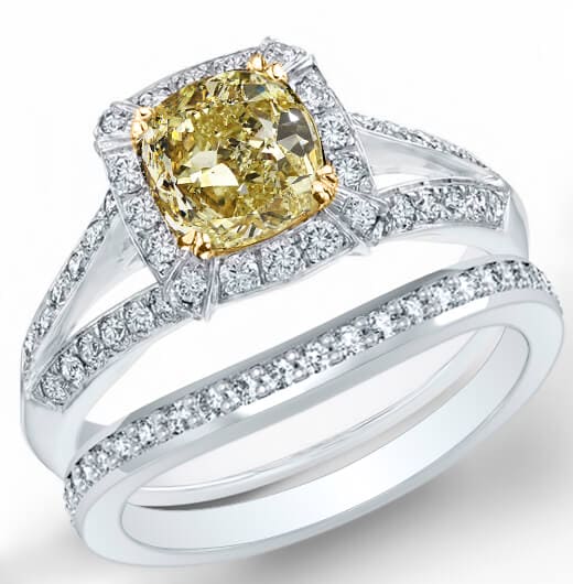 Fancy light yellow cushion halo split shank diamond ring set