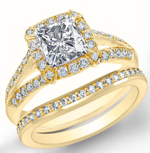 Princess cut halo split shank engagement ring yellow gold