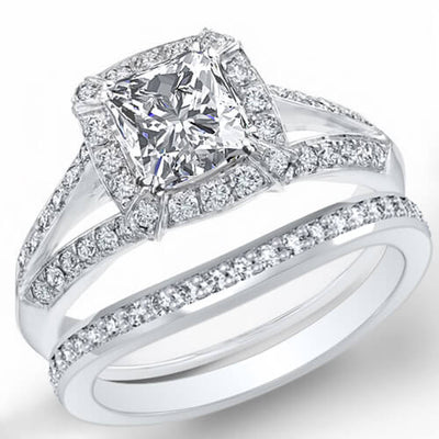 Halo Radiant Cut Split Shank Engagement Ring Set White Gold
