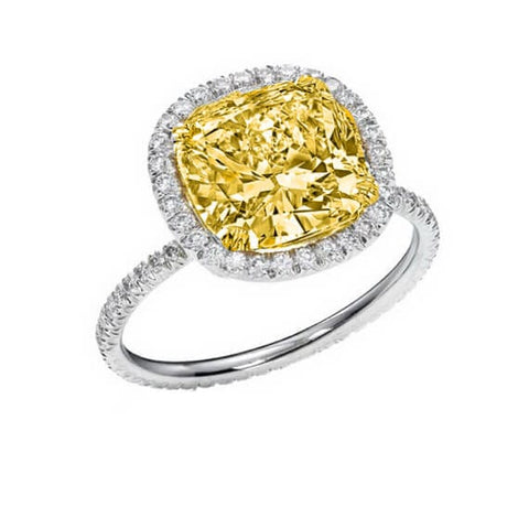2.17 Ct. Halo Canary Cushion Cut Eternity Diamond Engagement Ring Fancy Yellow,SI2 GIA