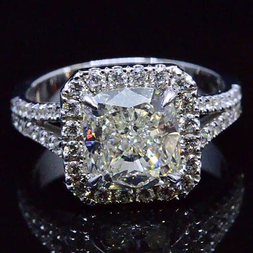 Halo cushion cut split shank engagement ring