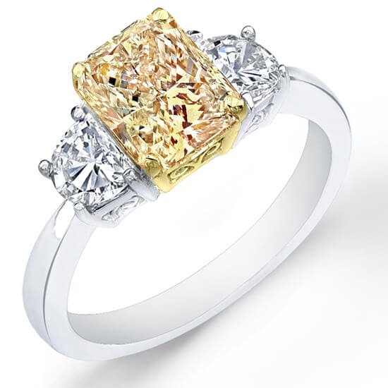 Yellow radiant diamond ring with half moons