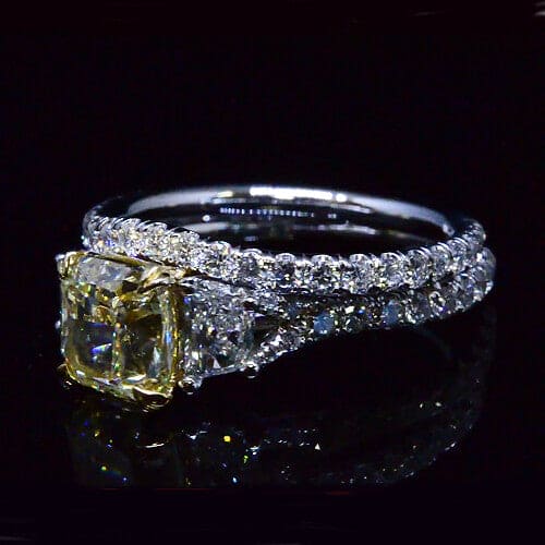 3 stone canary yellow cushion with trapezoids diamond ring set side view