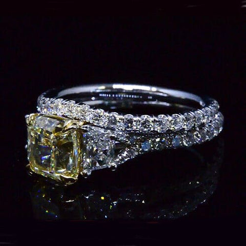 3 Stone Canary Yellow Cushion with Trapezoids Diamond Ring Set Side View