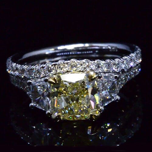 3 Stone Canary Yellow Cushion with Trapezoids Diamond Ring Set