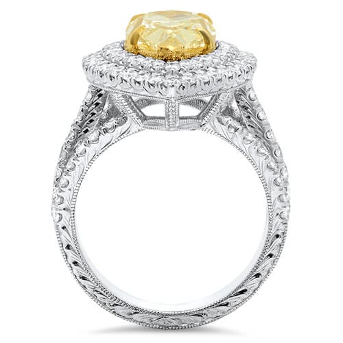Canary fancy yellow pear shape halo diamond ring profile view