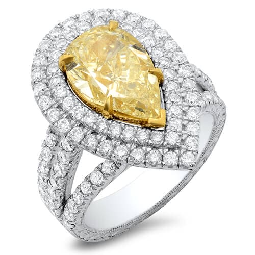 Canary fancy yellow pear shape halo diamond ring