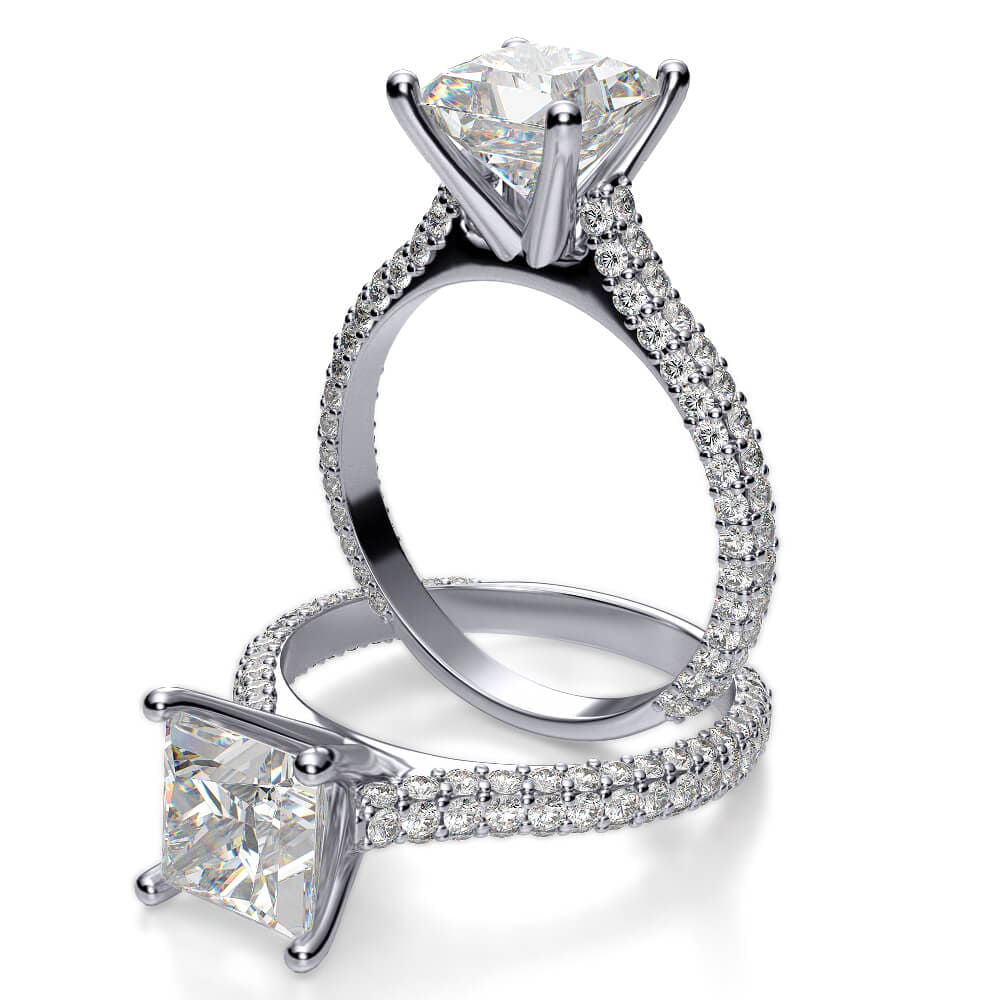 Princess cut two row accent engagement ring