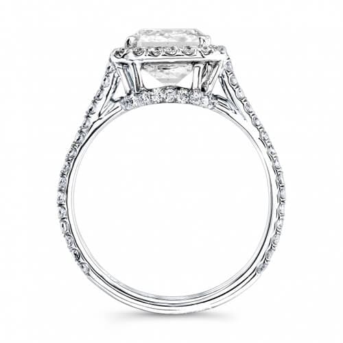 Radiant cut halo split shank diamond ring profile view