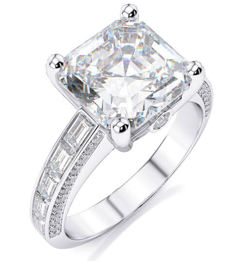 Asscher cut diamond ring with baguettes