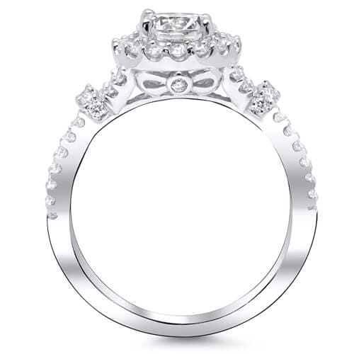 Halo round cut diamond shank engagement ring