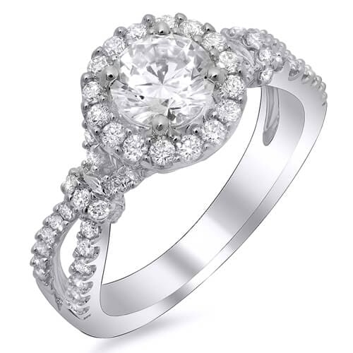 Halo round cut diamond shank engagement ring 