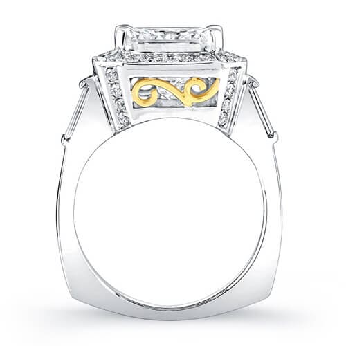 Halo princess cut diamond ring with baguettes