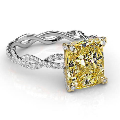 2.91 Ct. Canary Cushion Cut Diamond Eternity Twist Shank Engagement Ring SI2 GIA