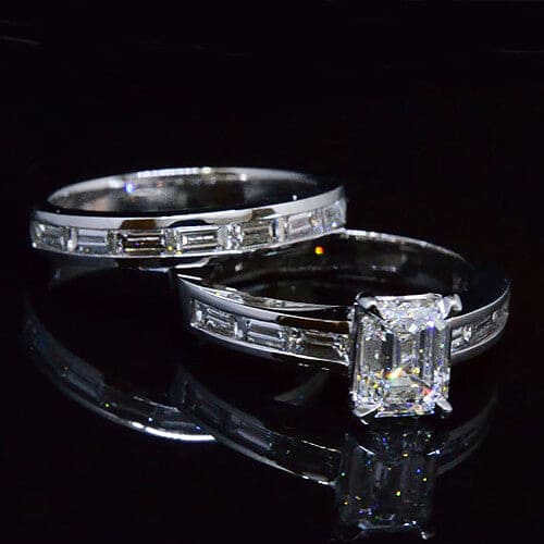 Emerald cut w baguettes diamond engagement ring set