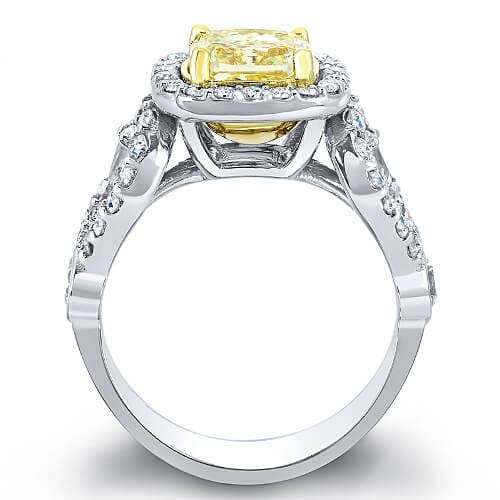 Intense yellow cushion halo engagement ring