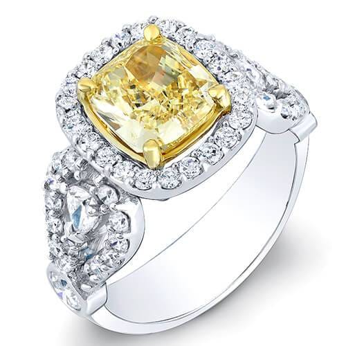 Intense yellow cushion halo engagement ring