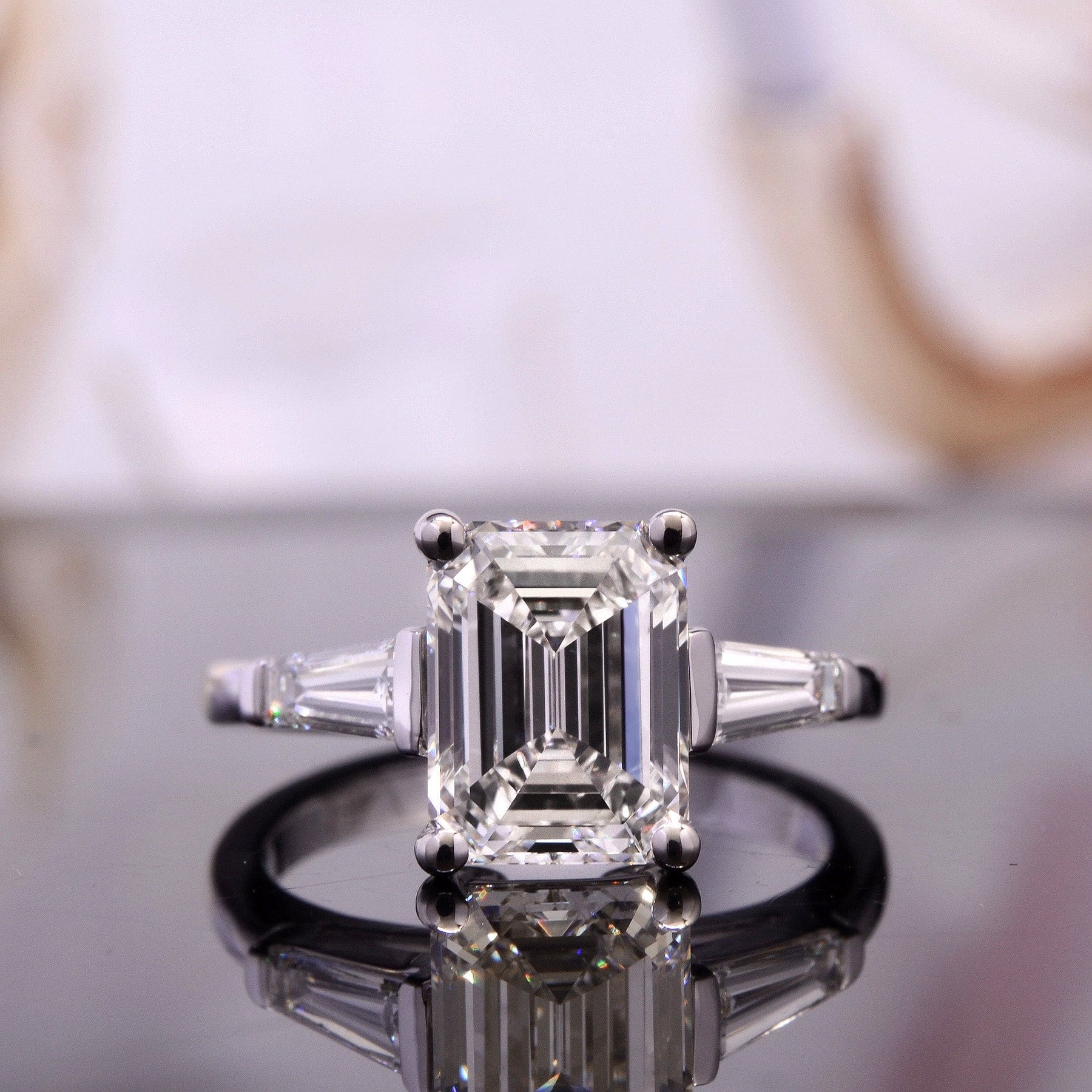 Unique Diamond 3-Stone Emerald Channel Set Diamond Ring - with A 2 ct Center Emerald Cut GIA Natural Diamond in White Gold