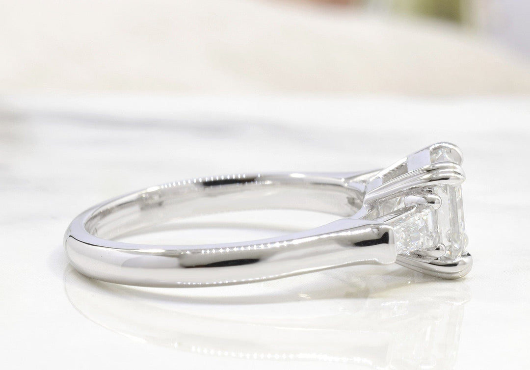 3 Stone Asscher Cut Diamond Ring with Baguettes Side View
