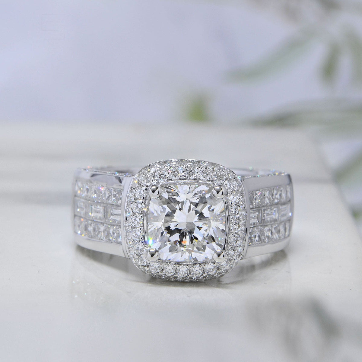  wide shank halo cushion cut diamond ring