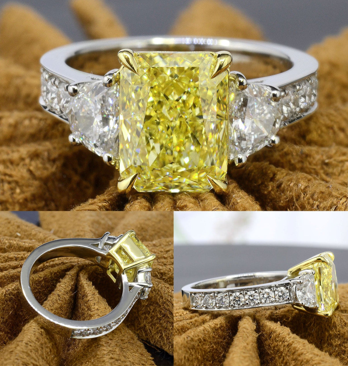 Fancy yellow rectangle radiant cut diamond ring