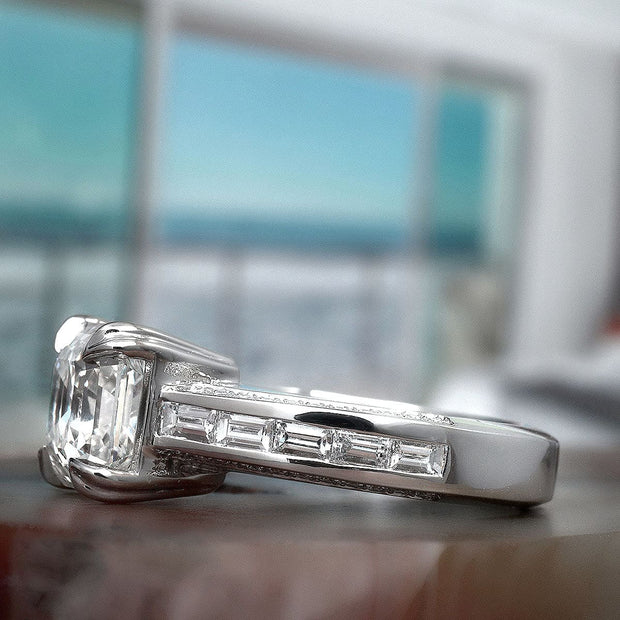 Asscher Cut Diamond Ring with Baguettes Side View