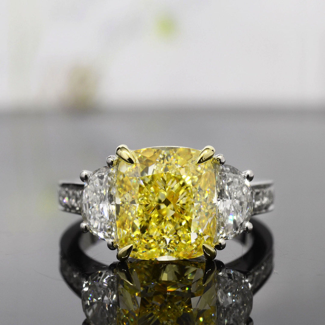 Intense Yellow Cushion 3 Stone Ring Natural Front View
