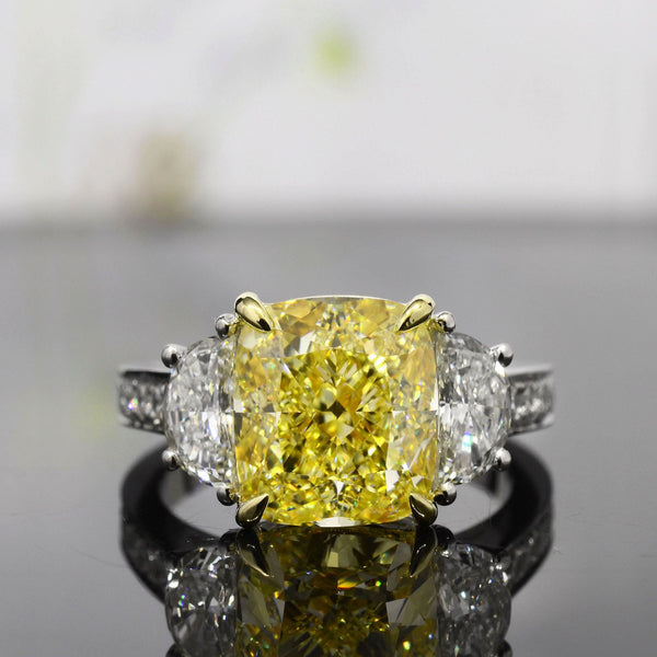 Intense Yellow Cushion 3 Stone Ring Natural Front View
