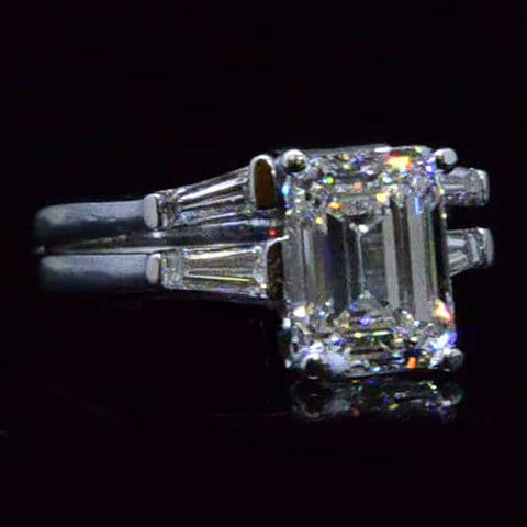 2.52 Ct.Three Stone Emerald & Baguette Cut Diamond Engagement Ring Set H,VVS2 GIA