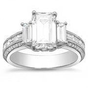 2.95 Ct. Emerald Cut, Baguette & Round Diamond Engagement Ring F,VS1 GIA