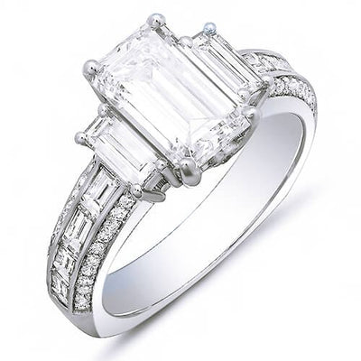 2.95 Ct. Emerald Cut, Baguette & Round Diamond Engagement Ring F,VS1 GIA