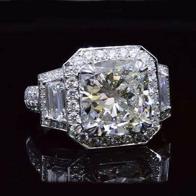 Halo Cushion Cut with Trapezoid Cut Diamond Ring