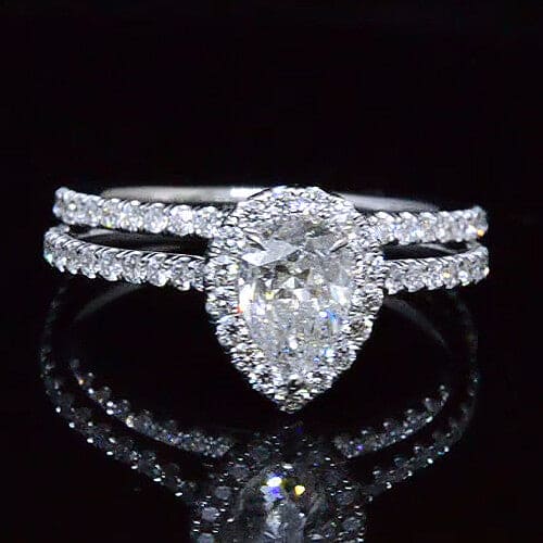Tear drop pear halo engagement ring set