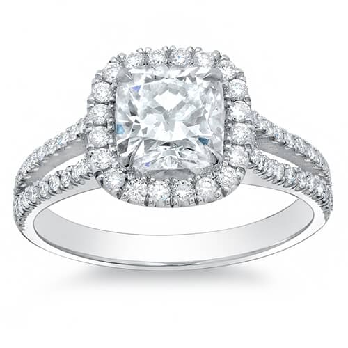 Halo Cushion Cut Split Shank Diamond Ring Front View